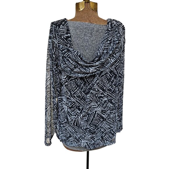 Ella Rafaella Blouse Womens Size 1X Black White Cowl Neck Top Abstract Print - Picture 3 of 8